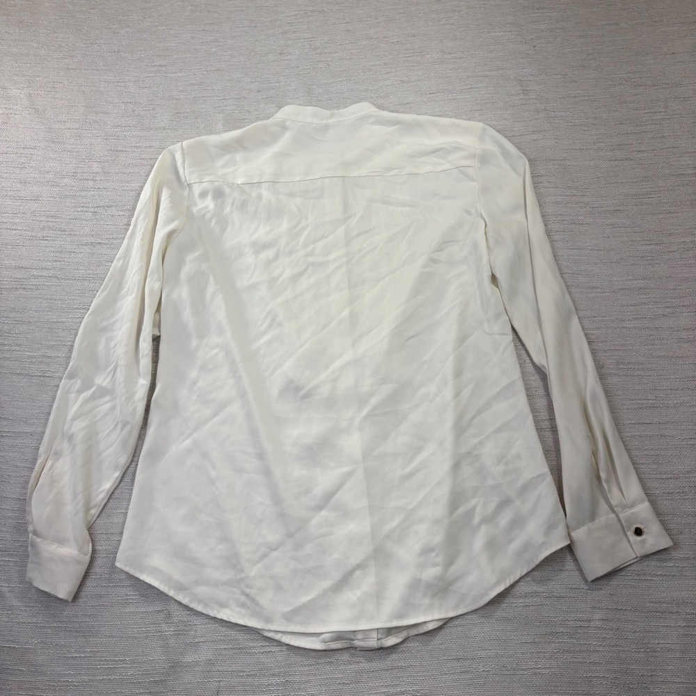 Ann Taylor Cream White Pleated Ruffle Band Collar Blouse Long Sleeve Medium - Picture 2 of 8